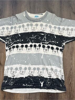 VINTAGE Disney Gray & Black Mickey Mouse Stripe Adult Tee
